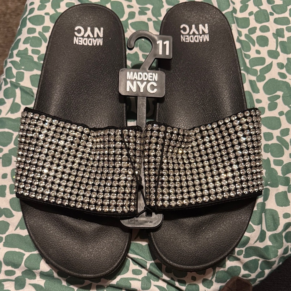 Madden NYC Black Slide Sandals with Rhinestones